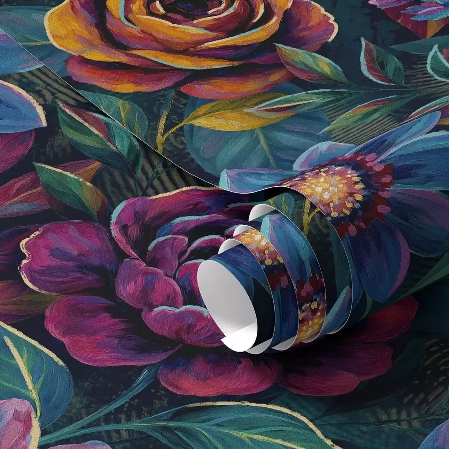 Fototapeta Żywe, nasycone kolory kwiatów na ciemnoniebieskim tle a00871