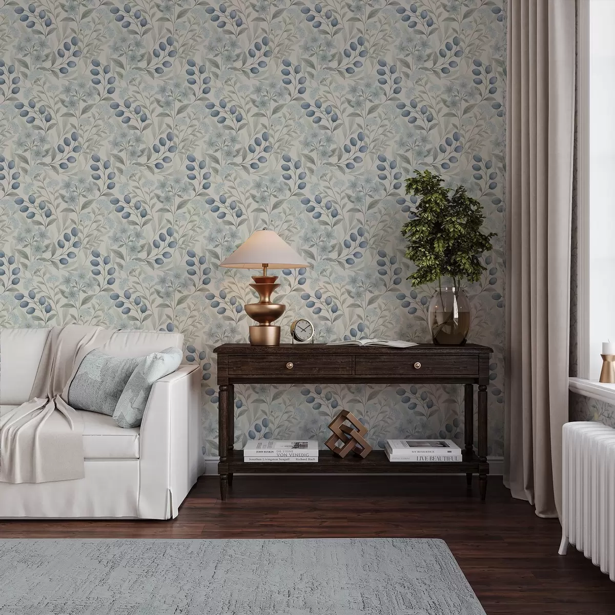 Fototapeta Niebieskie jagody i jasne kwiaty na kości słoniowej a00872