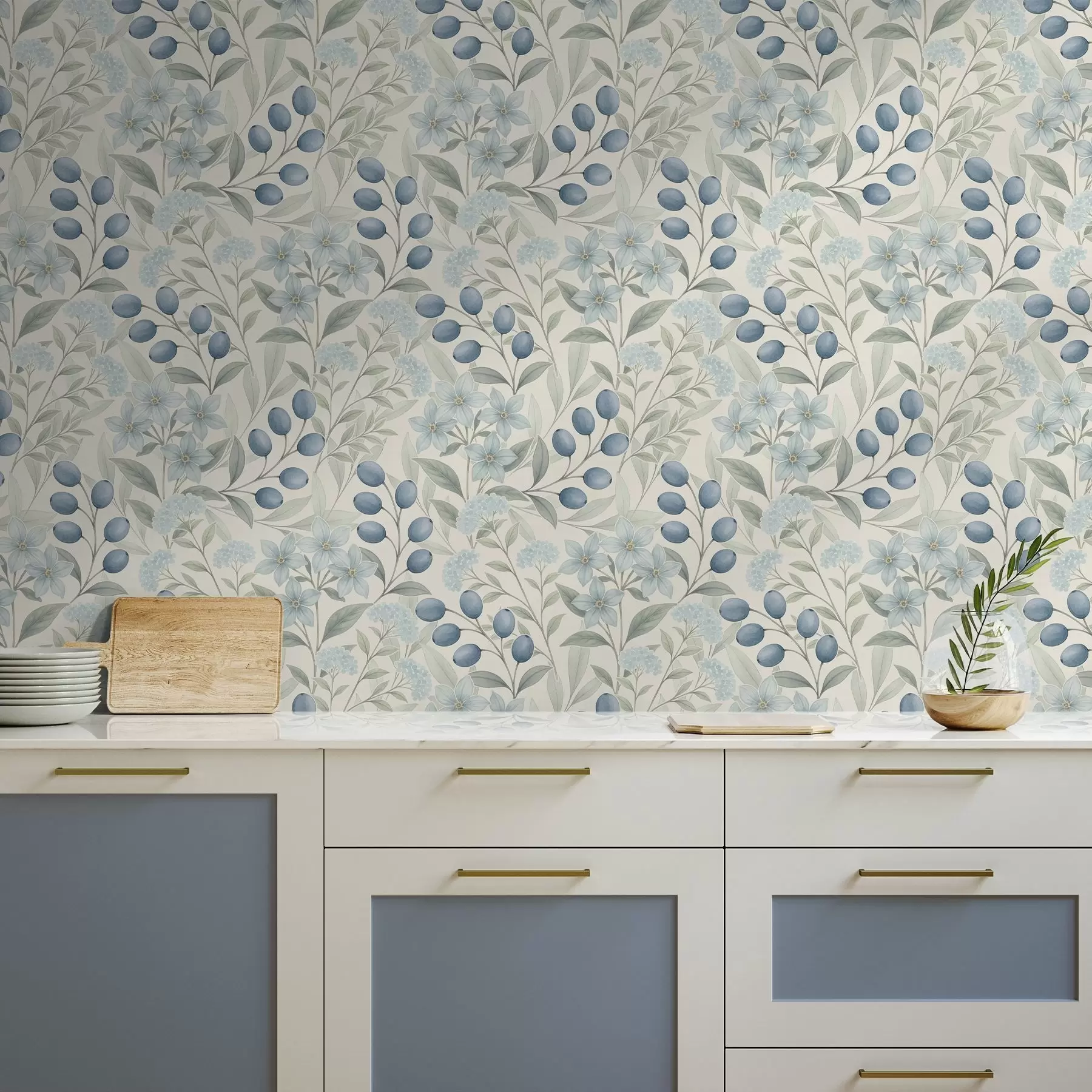 Fototapeta Niebieskie jagody i jasne kwiaty na kości słoniowej a00872