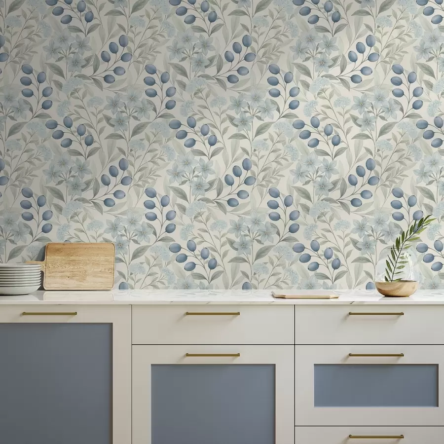 Fototapeta Niebieskie jagody i jasne kwiaty na kości słoniowej a00872