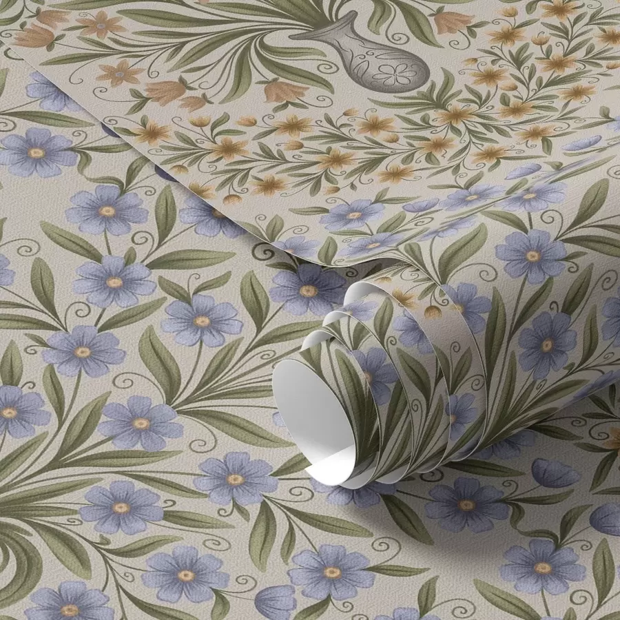 Fototapeta Ludowe wazony z niebieskimi kwiatami i oliwnymi liśćmi na różowym tle a00900