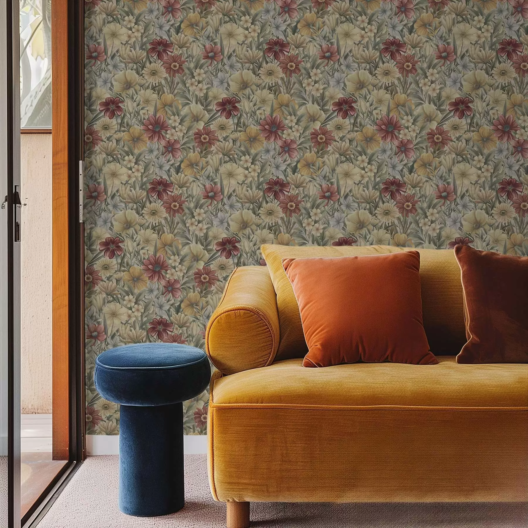 Fototapeta Kwiaty łąkowe w stylu vintage w ciepłych odcieniach żółci, czerwieni i szałwii a00906