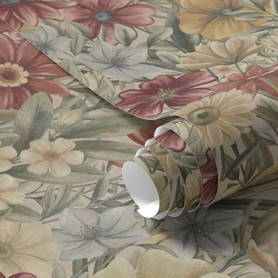 Fototapeta Kwiaty łąkowe w stylu vintage w ciepłych odcieniach żółci, czerwieni i szałwii a00906