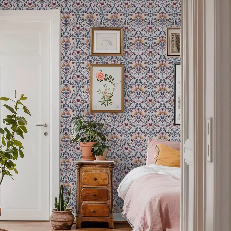 Fototapeta Kwiatowy wzór adamaszku z motylami w kolorze granatowym i terakotowym na białym tle a00926v1