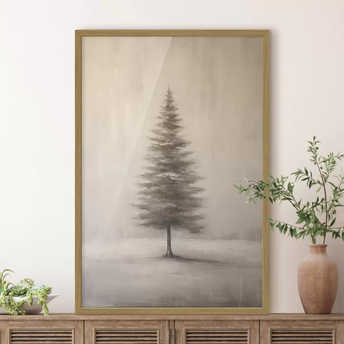 Plakat Monochromatyczna jodła. Minimalistyczny zimowy krajobraz f46465