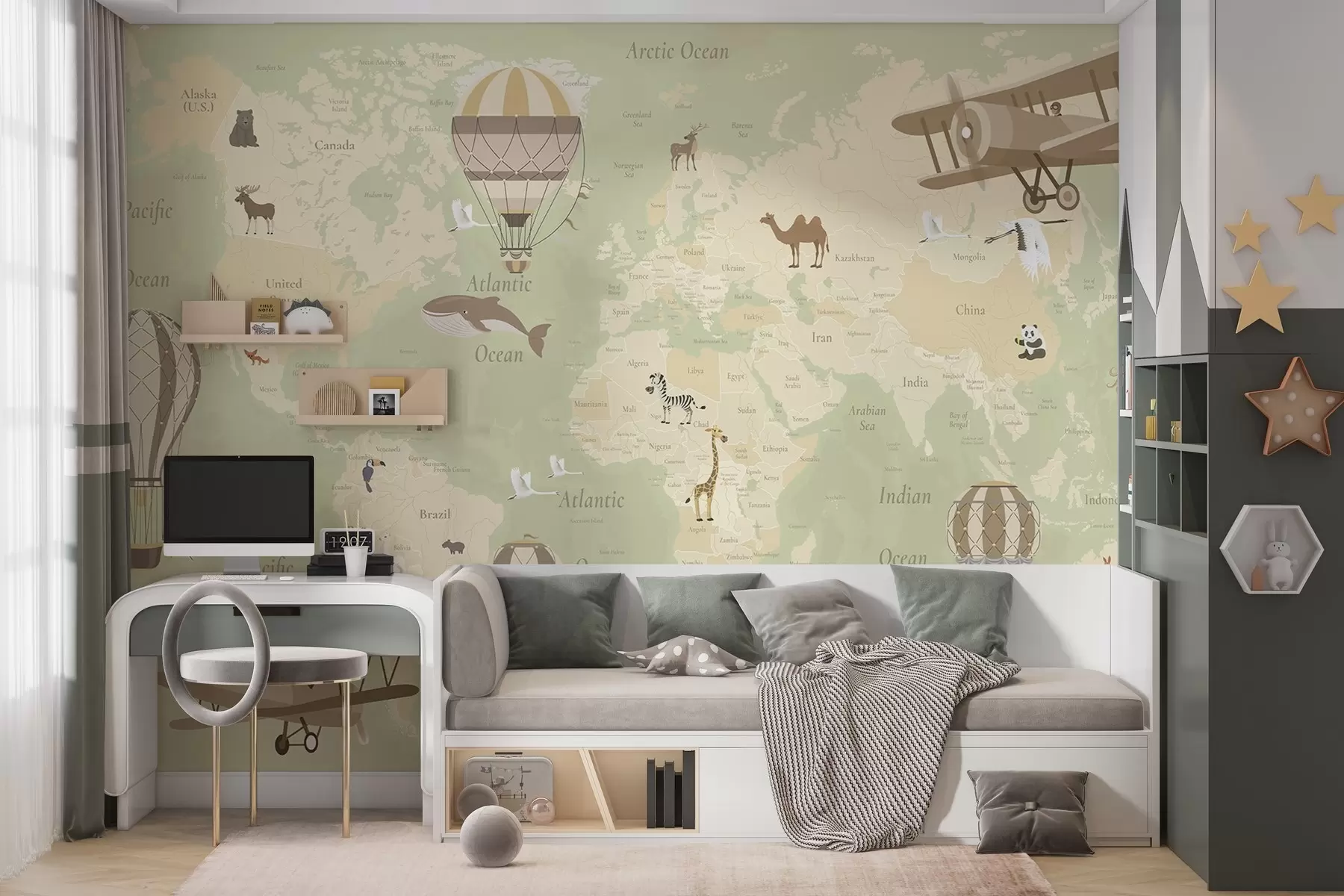 Fototapeta Mapa świata dla dzieci z zwierzętami, samolotami i balonami na ogrzane powietrze. Język angielski. Kolor zielony. c00003env2