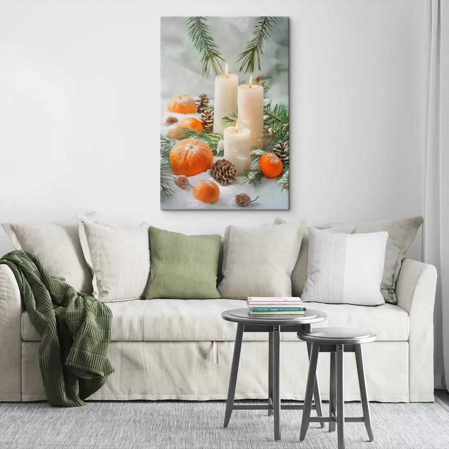 Obraz Świece, mandarynki i szyszki sosnowe s46615