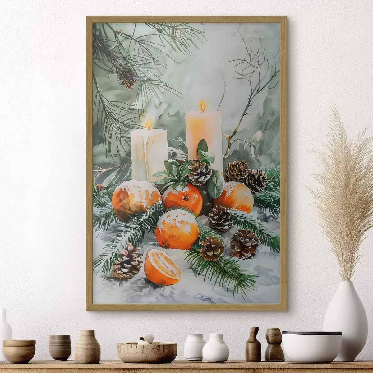 Plakat Świece, mandarynki i szyszki sosnowe f46614