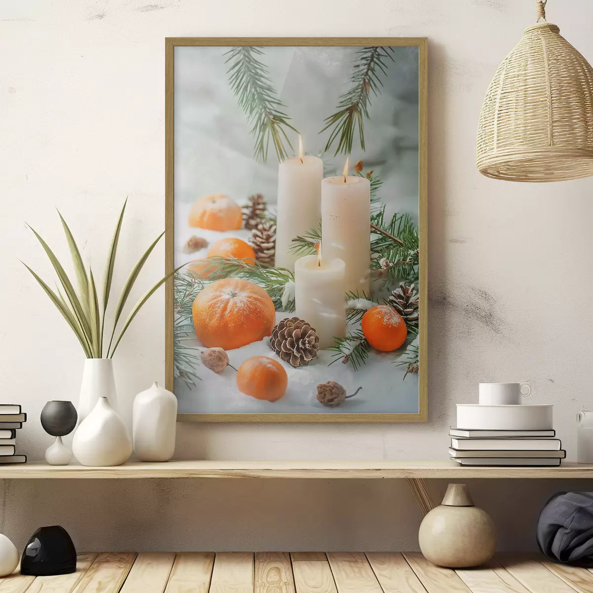 Plakat Świece, mandarynki i szyszki sosnowe f46615