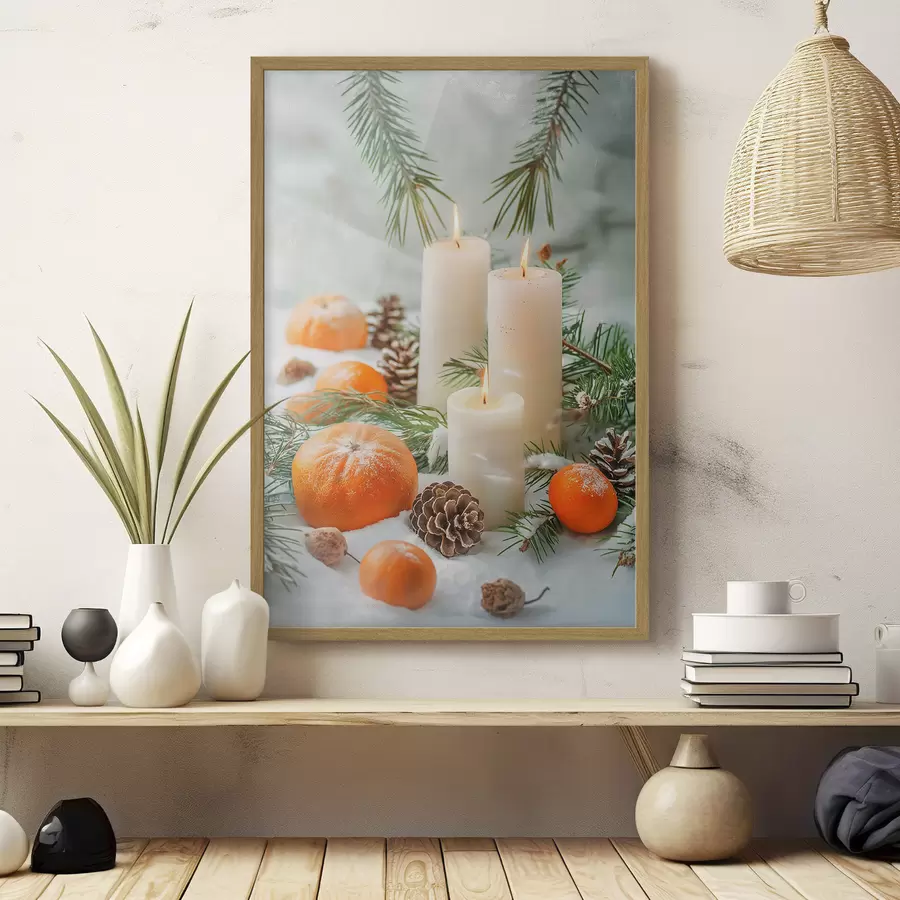 Fototapeta Świece, mandarynki i szyszki sosnowe f46615