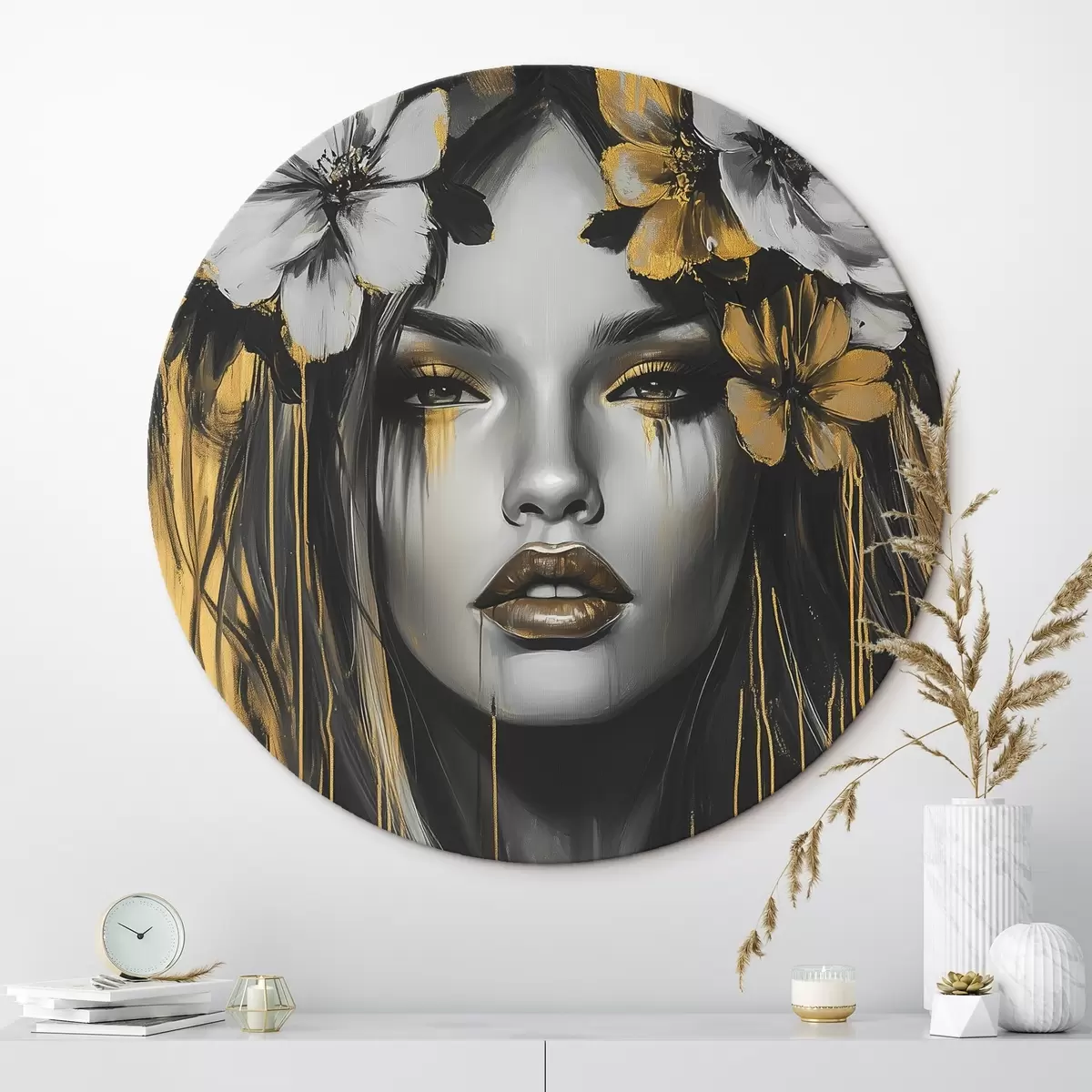 Okrągłe obrazy Abstrakcyjny portret kobiety z kwiatami r46454