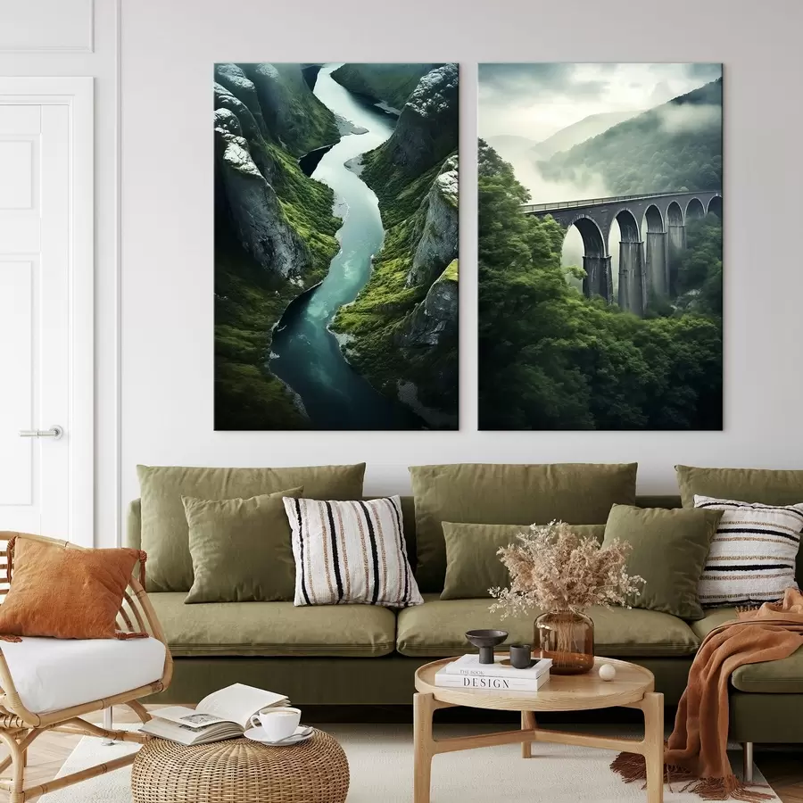 Obraz Powietrzny kanion rzeki i mglisty wiadukt wśród zielonych wzgórz m00967