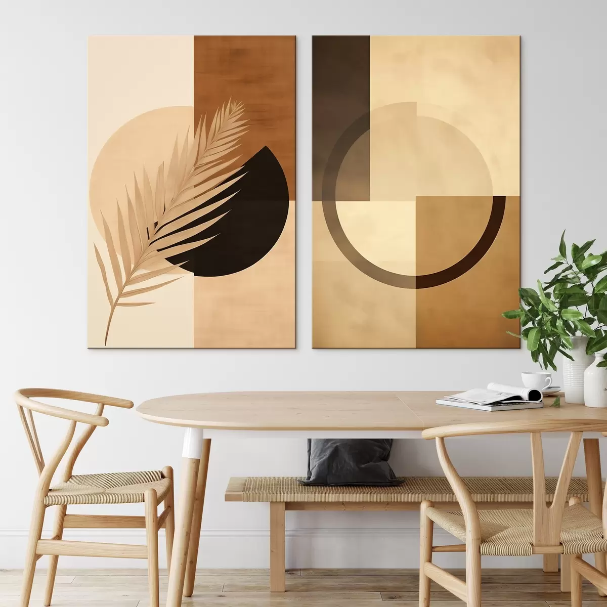 Obraz Geometria w kolorze terakoty i beżu z motywem liści palmowych m00968