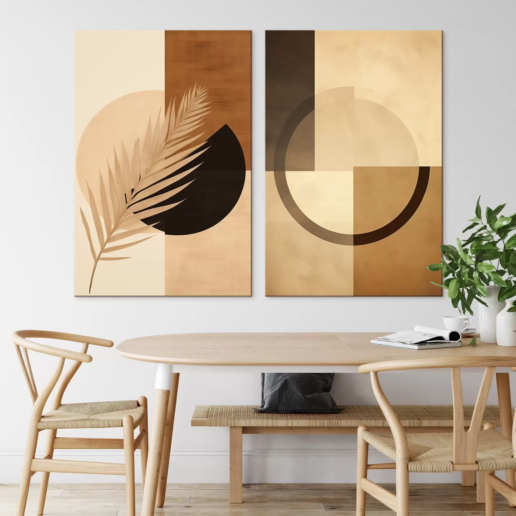 Obraz Geometria w kolorze terakoty i beżu z motywem liści palmowych m00968