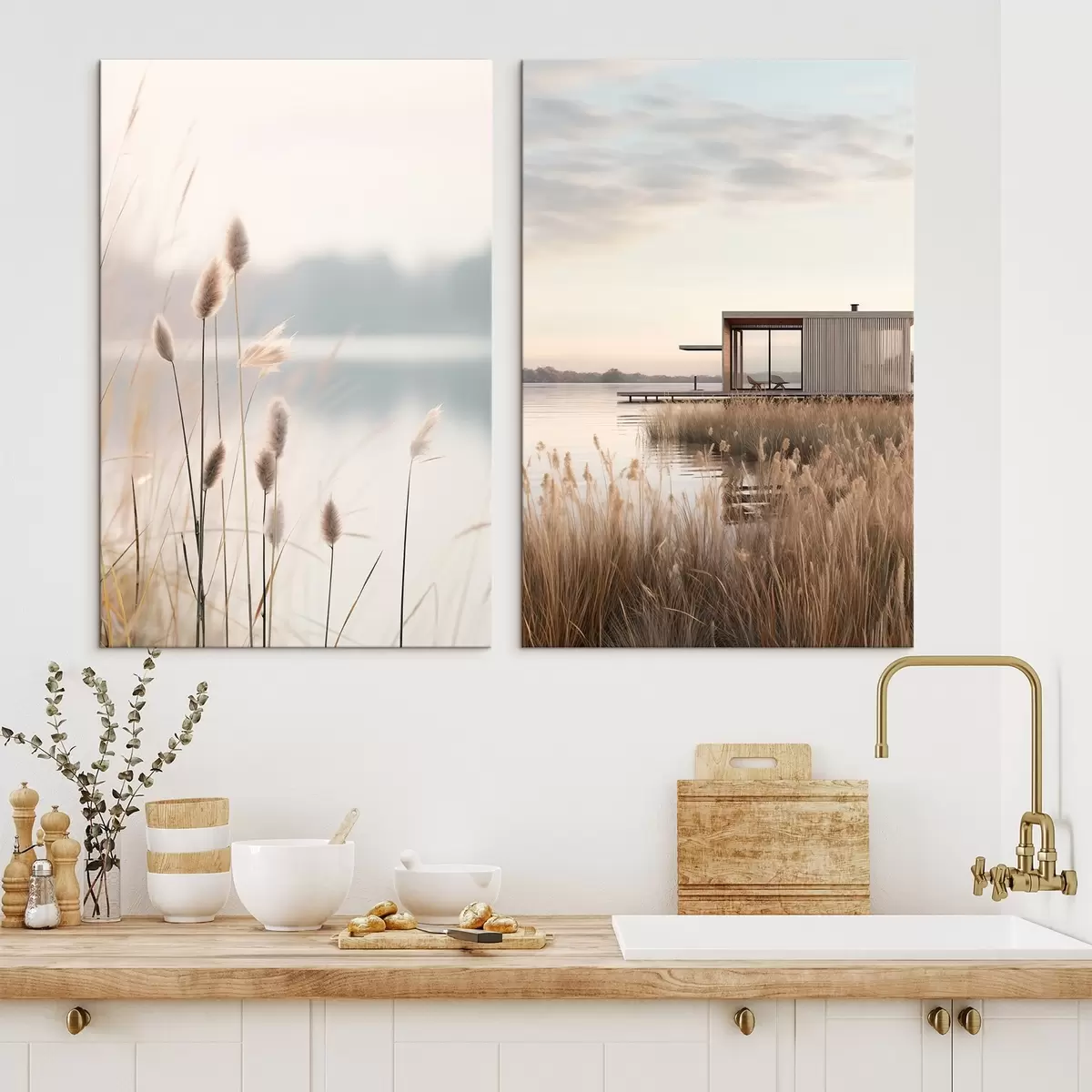 Obraz Miękkie trzciny nad spokojnym jeziorem i nowoczesna chatka na brzegu m00970