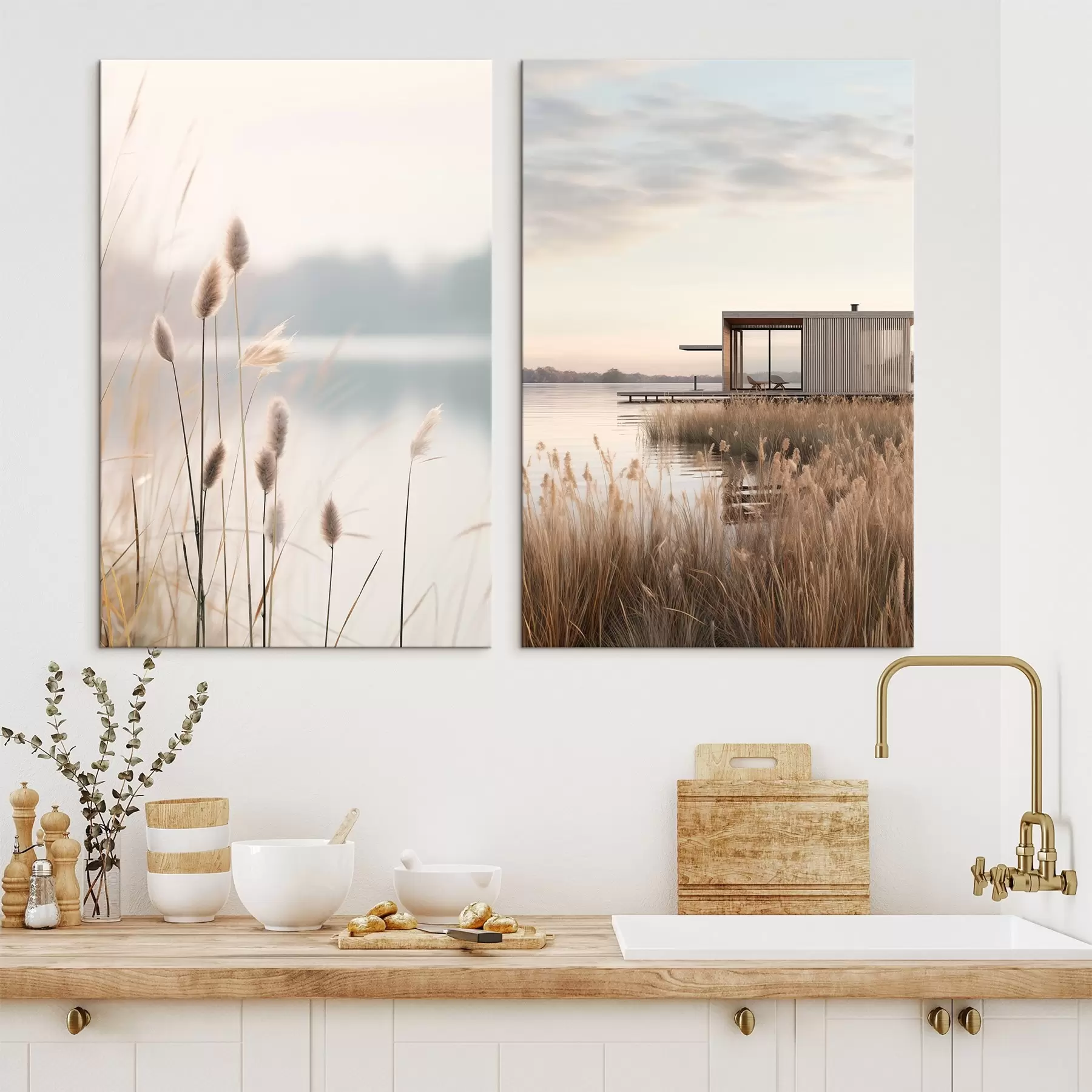 Obraz Miękkie trzciny nad spokojnym jeziorem i nowoczesna chatka na brzegu m00970