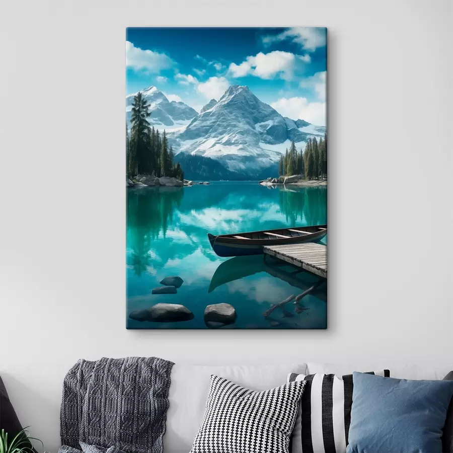 Obraz Alpejskie jezioro z kajakiem i ośnieżonymi szczytami s46481