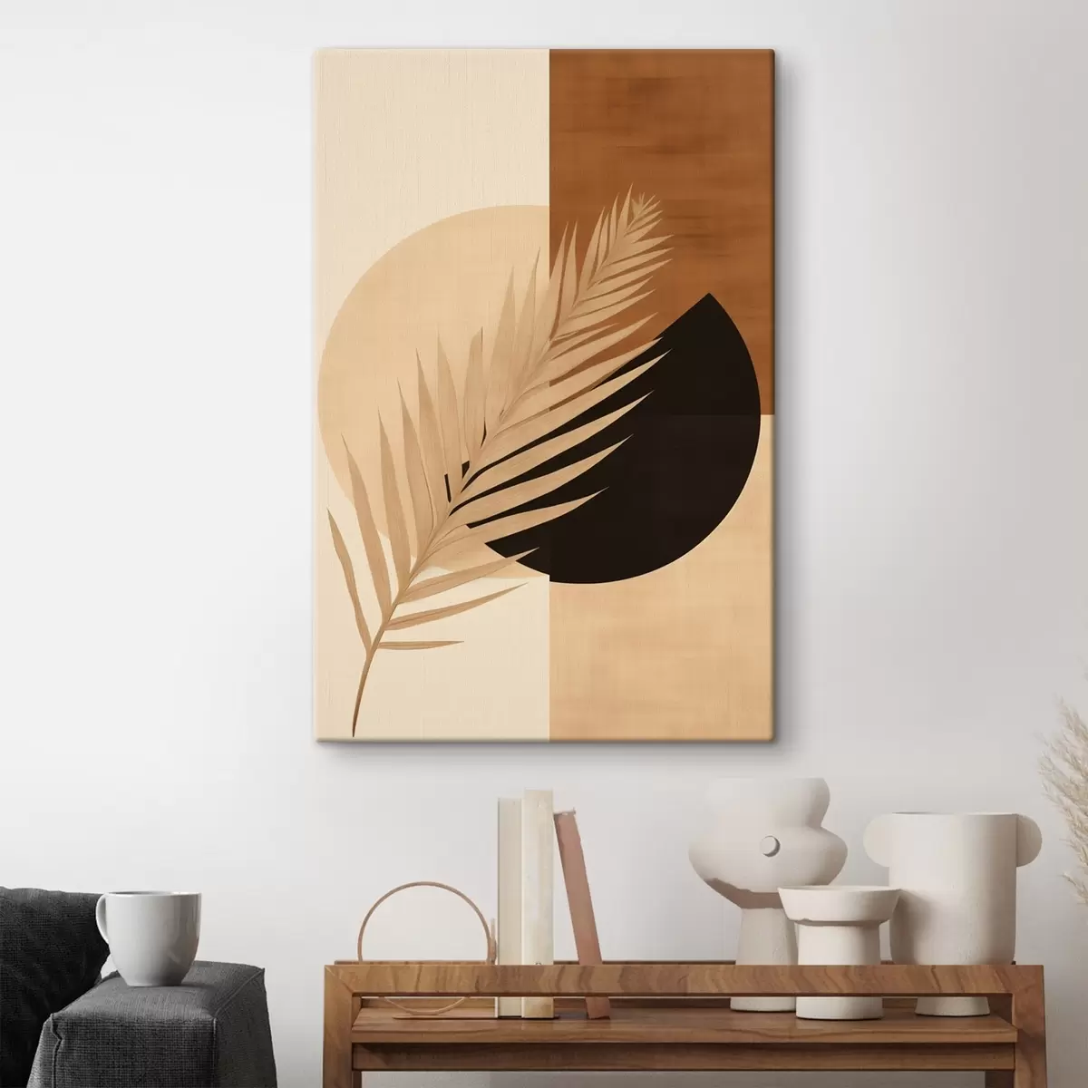 Obraz Liść palmy na tle terakoty i kremowej geometrii s46490