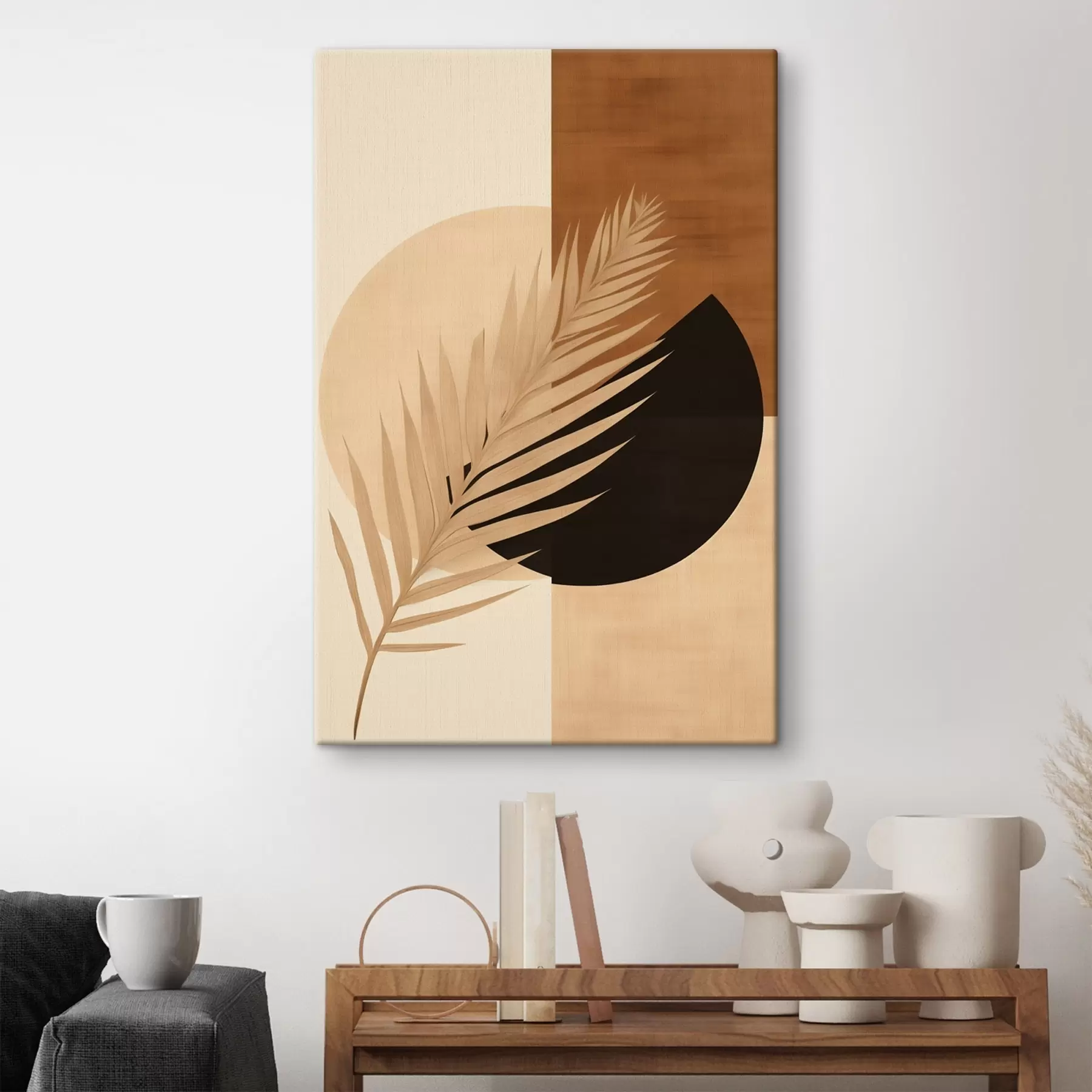 Obraz Liść palmy na tle terakoty i kremowej geometrii s46490