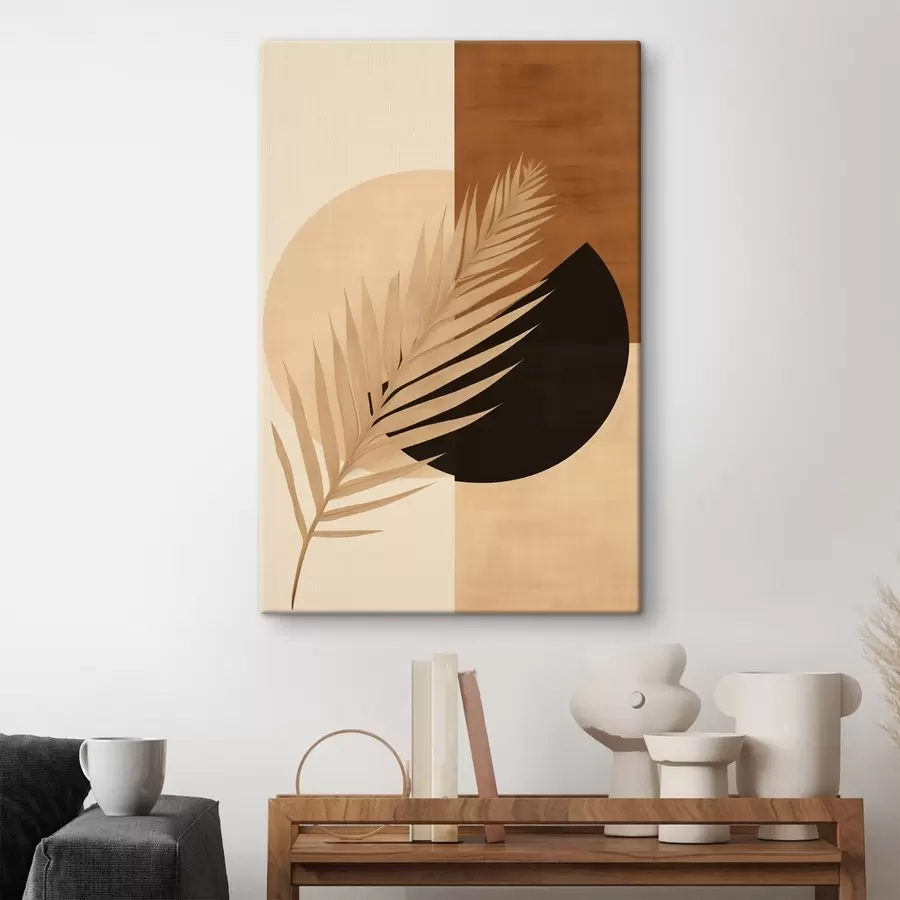 Obraz Liść palmy na tle terakoty i kremowej geometrii s46490