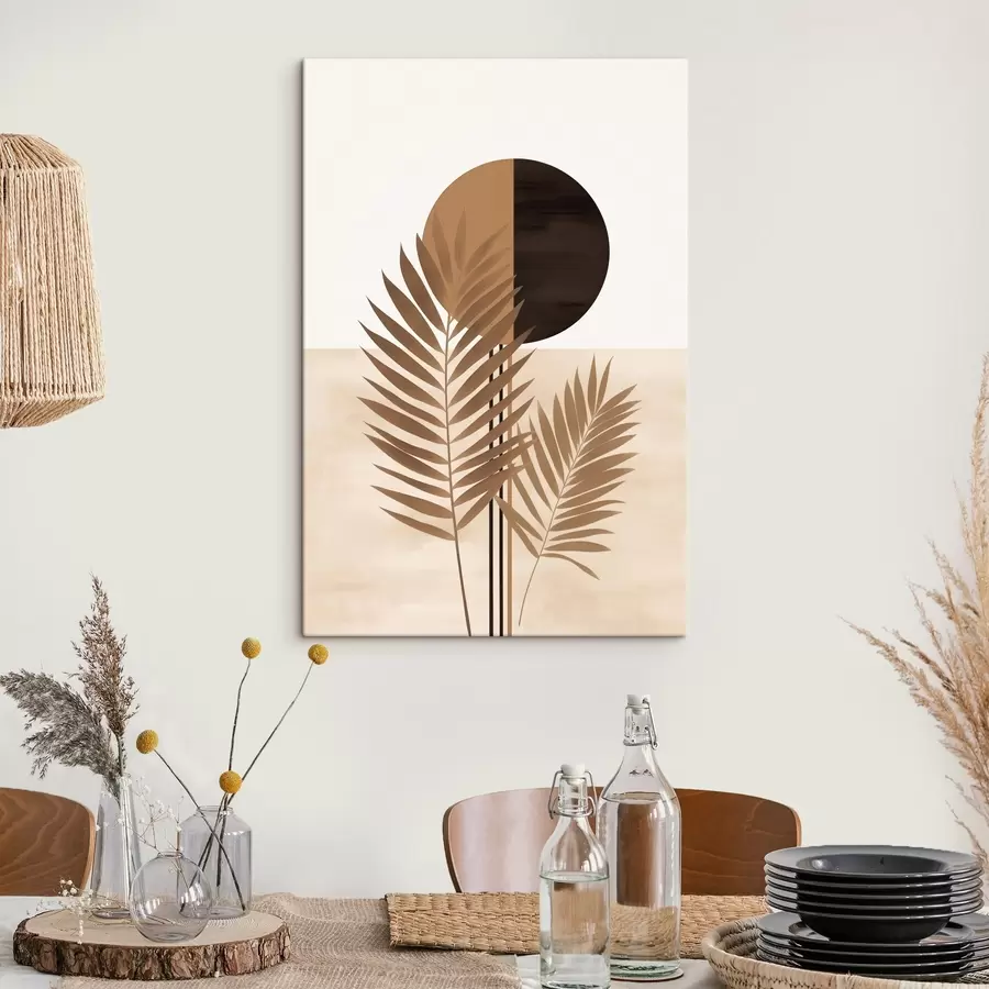 Obraz Dwa liście palmy z motywem rozciętego koła słońca s46491