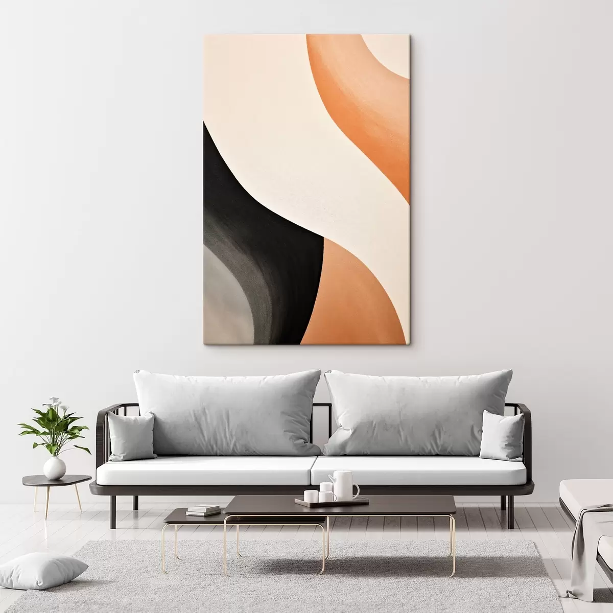 Obraz Wyrazista linia w kształcie litery S w kolorze kremowym, czarnym i z akcentami w kolorze terakoty s46495