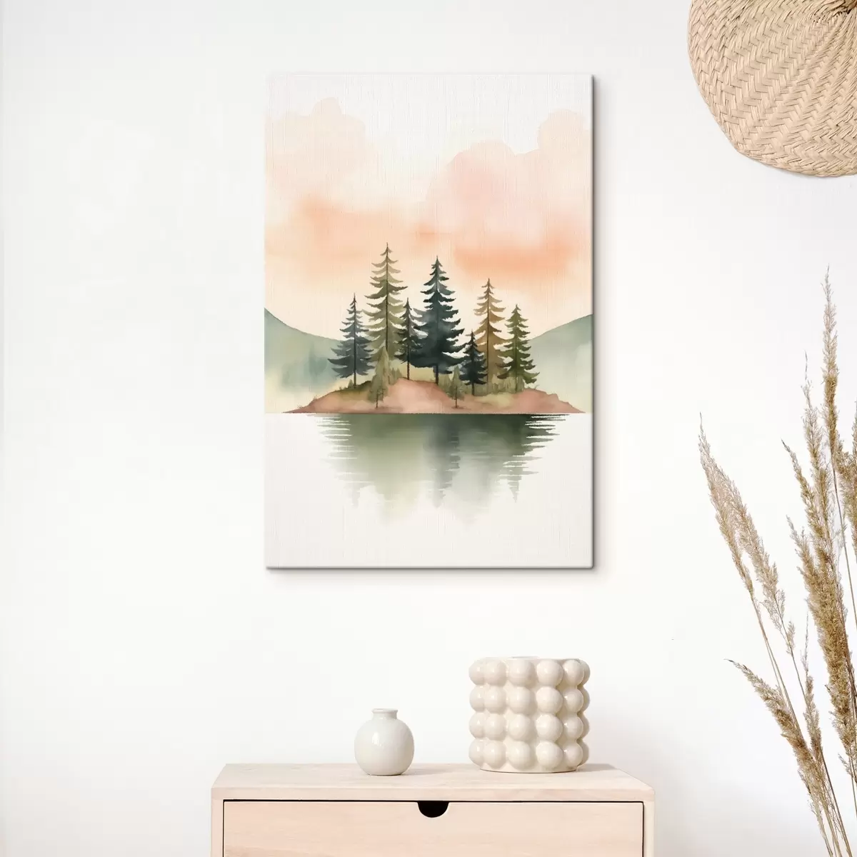 Obraz Akwarelowe sosny na zamglonej wysepce, delikatne brzoskwiniowe niebo s46505