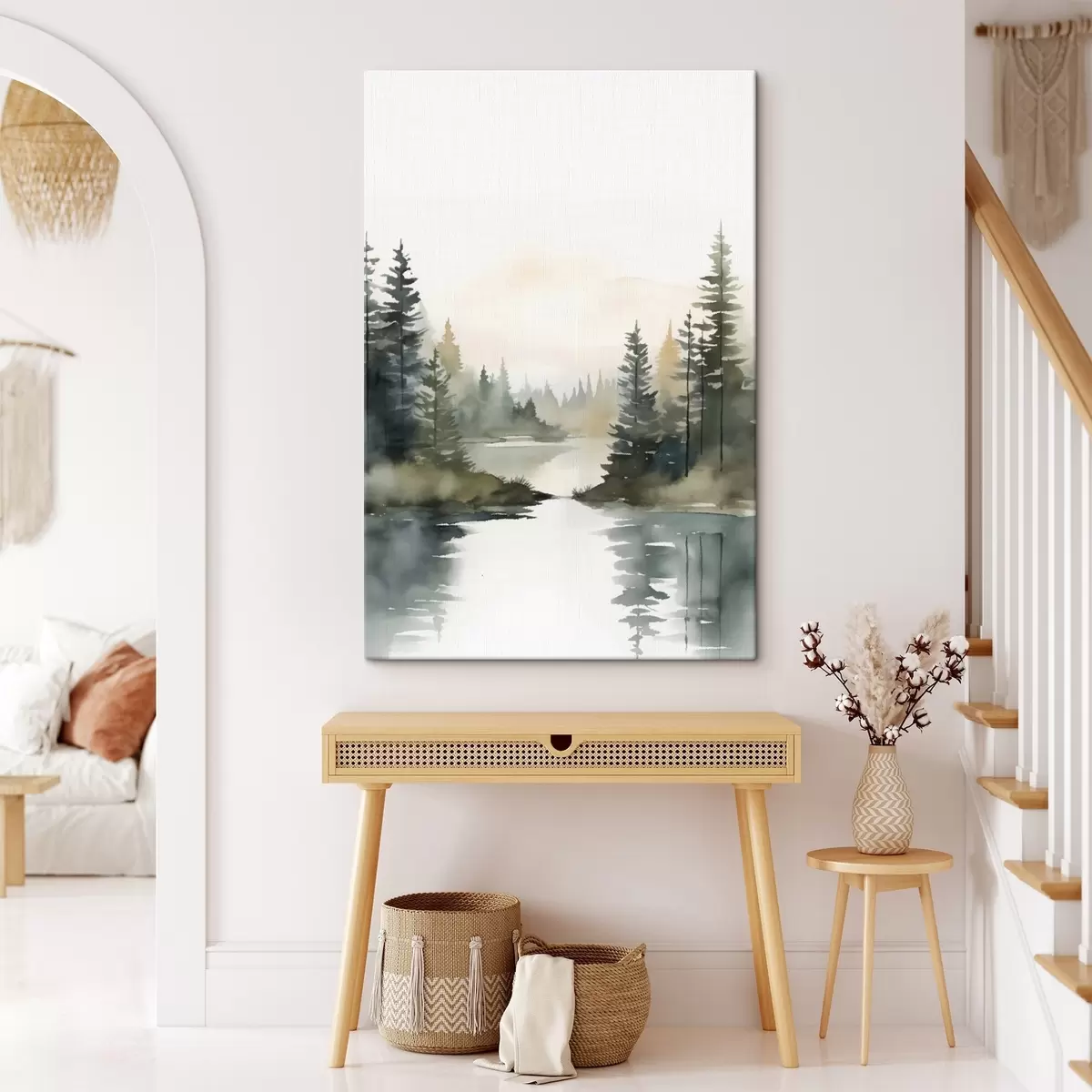 Obraz Mglisty las iglasty nad spokojną rzeką, styl akwarelowy s46507