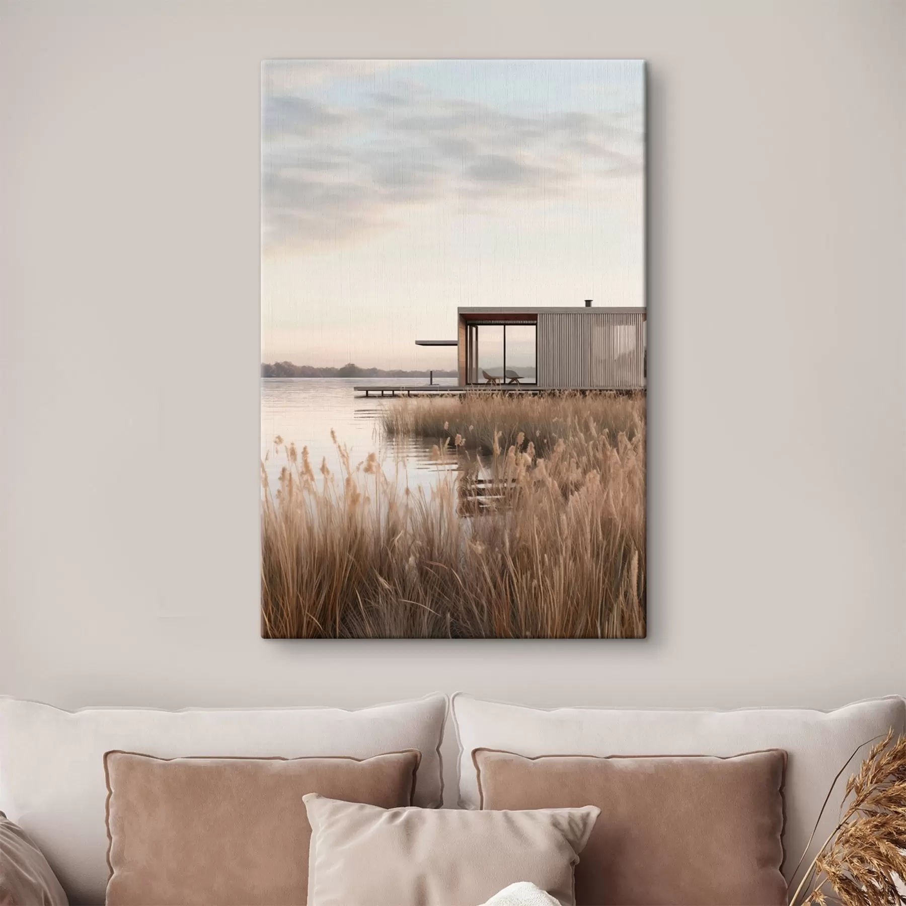 Obraz Nowoczesna chatka nad jeziorem wśród trzcin o zmierzchu s46513