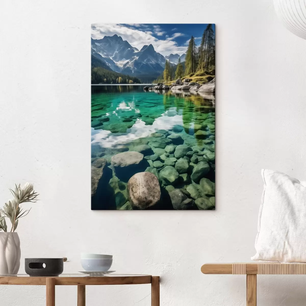 Obraz Szmaragdowe alpejskie jezioro z kamieniami na dnie i wysokimi szczytami s46515