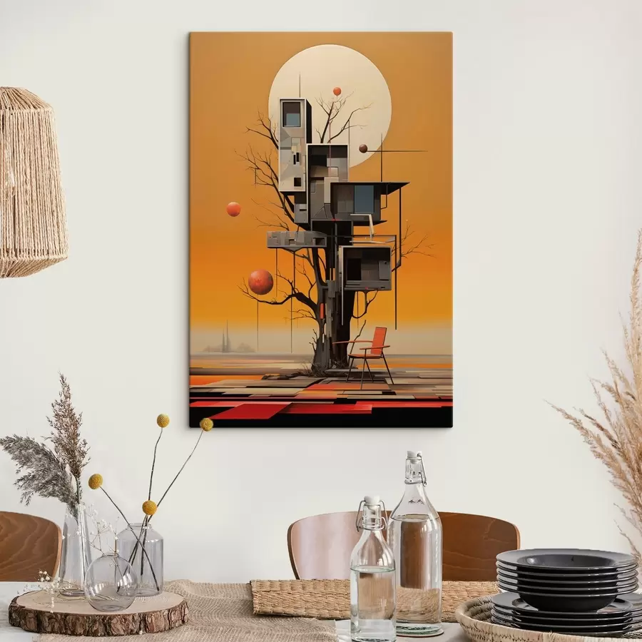 Obraz Surrealistyczny domek na drzewie na pomarańczowym tle s46526