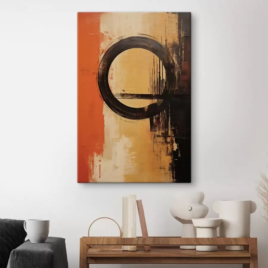 Obraz Abstrakcja z czarnym pierścieniem na tle w kolorze terakoty i piasku s46529