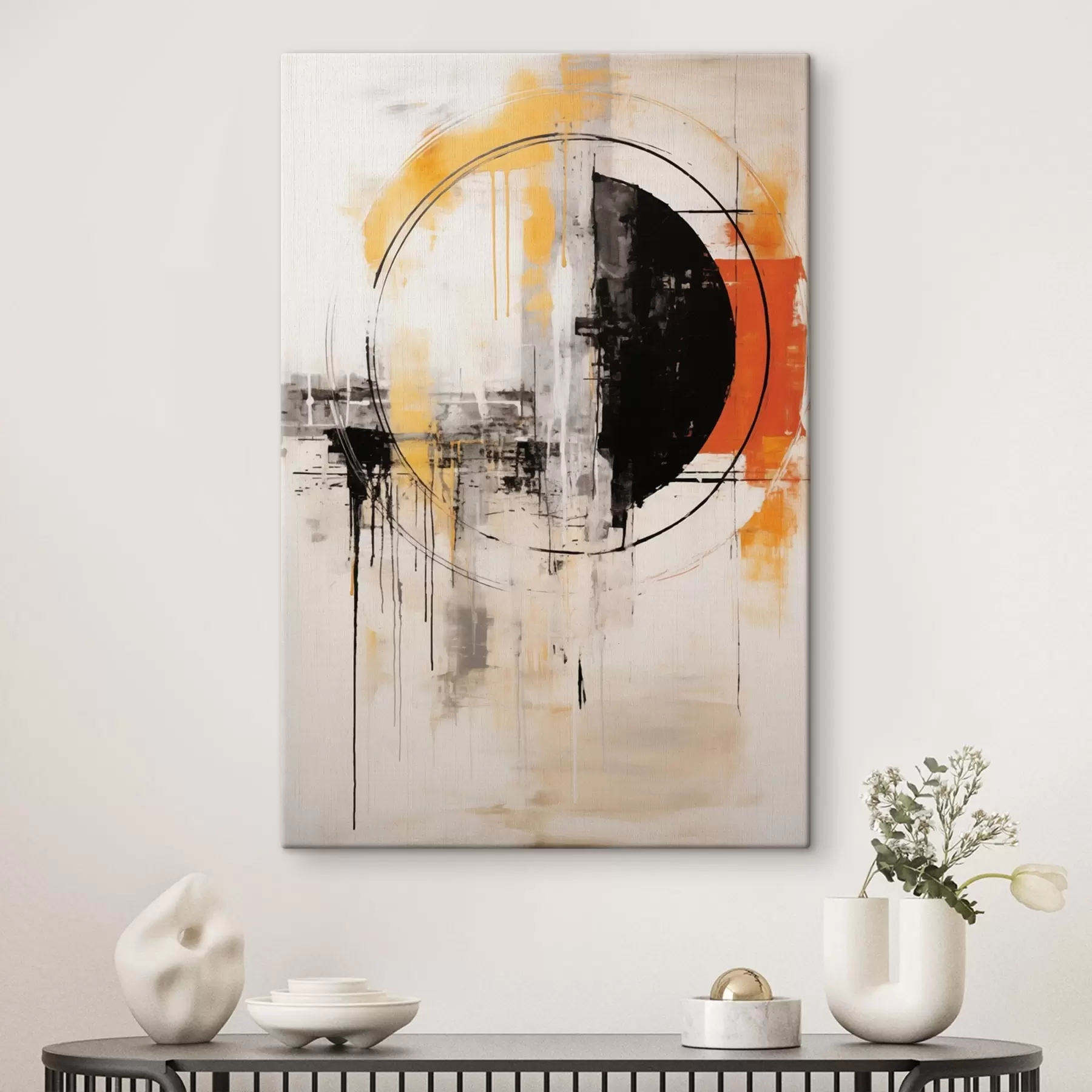 Obraz Jednokolorowe pomarańczowe koło z teksturowanymi kroplami s46536