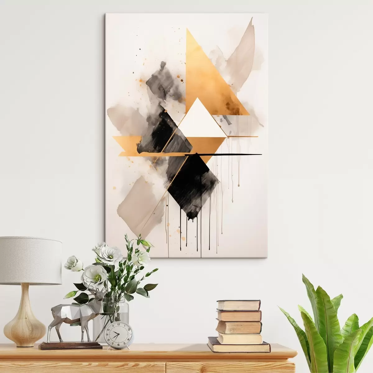 Obraz Geometria z trójkątami i czarnym rombem, beżowe pociągnięcia pędzlem s46539