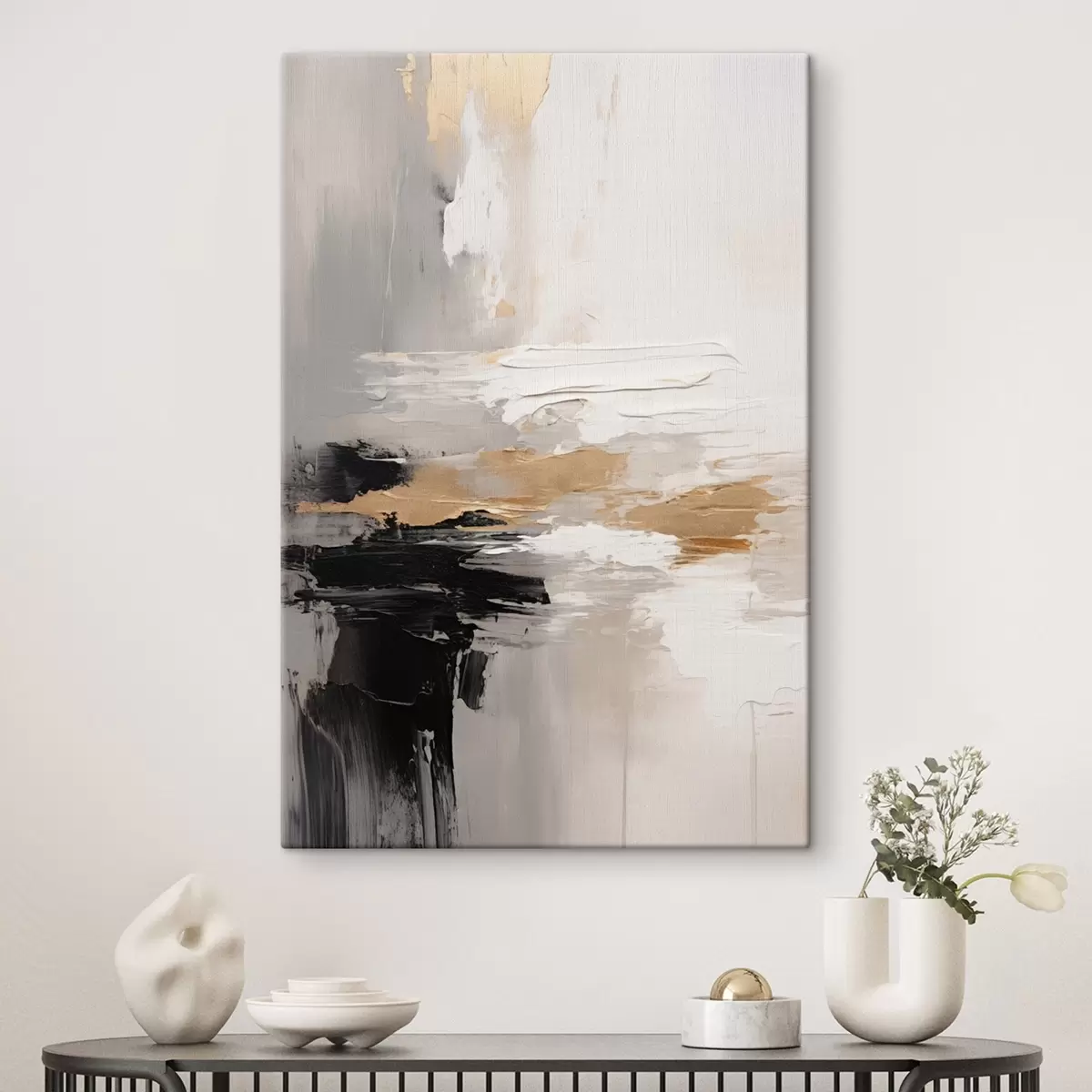 Obraz Pomalowane w odcieniach nude, z kontrastującą czarną i ochrową warstwą s46544