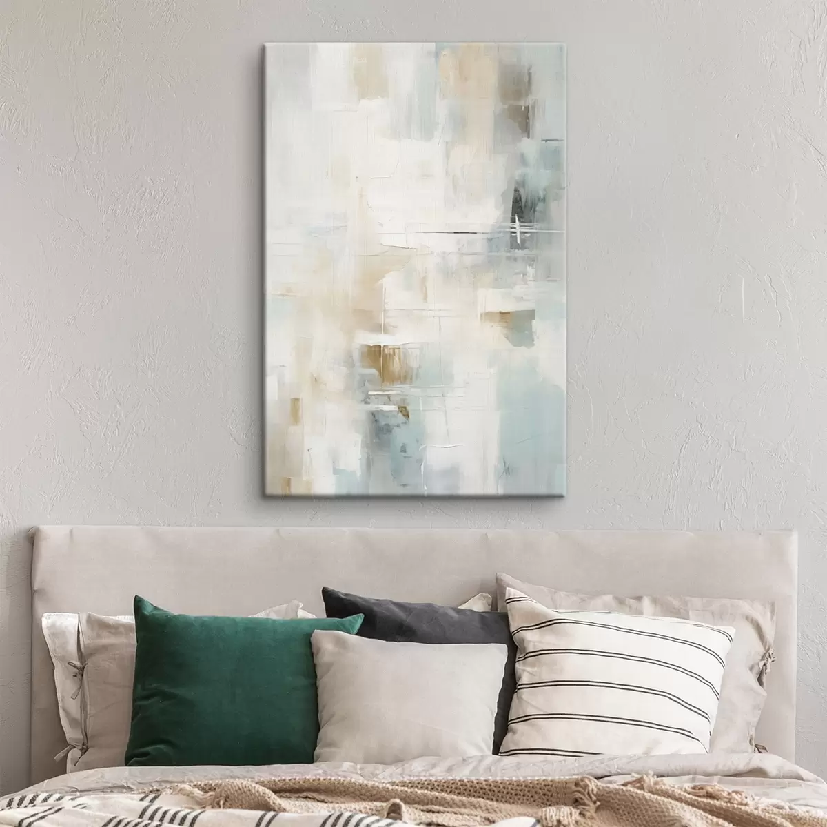 Obraz Powietrzne pociągnięcia pędzla w kolorze niebieskim i beżowym na białym tle s46547