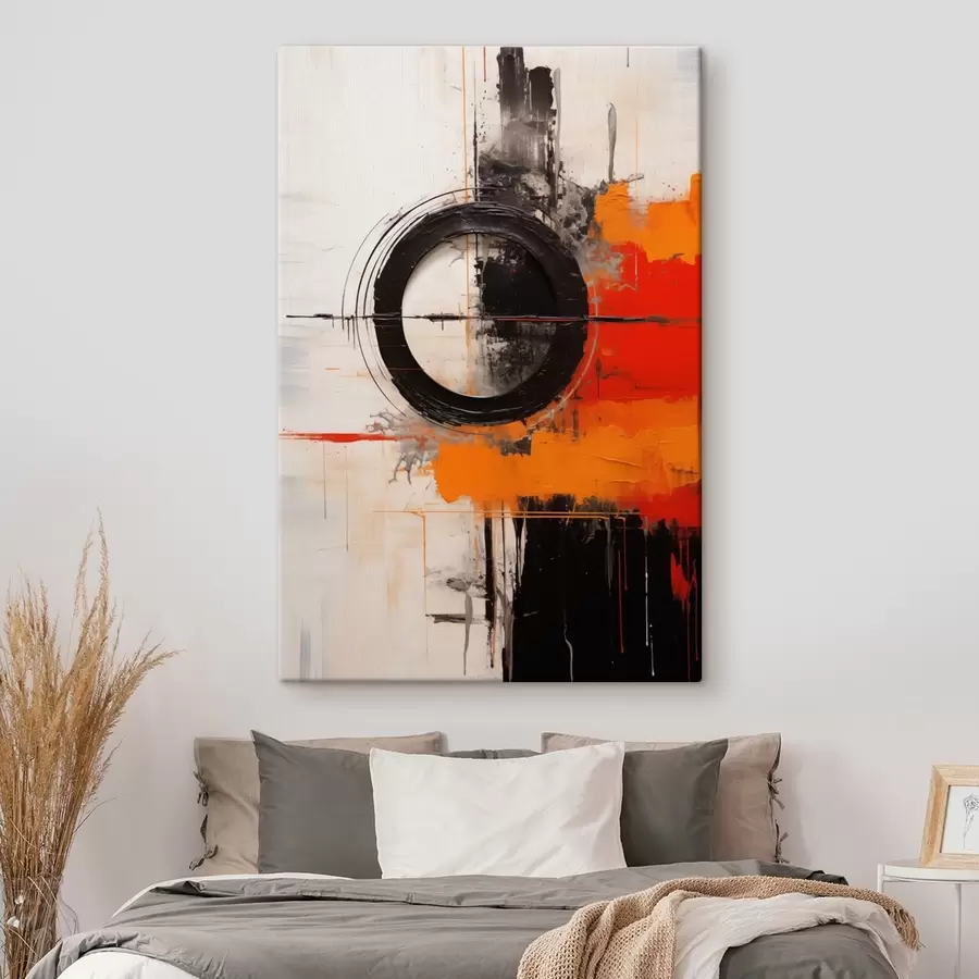 Obraz Czarne koło na białym tle, pomarańczowe pociągnięcia i plamy s46549