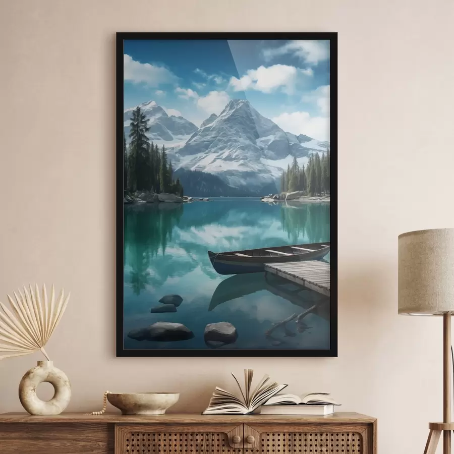 Fototapeta Alpejskie jezioro z kajakiem i ośnieżonymi szczytami f46481