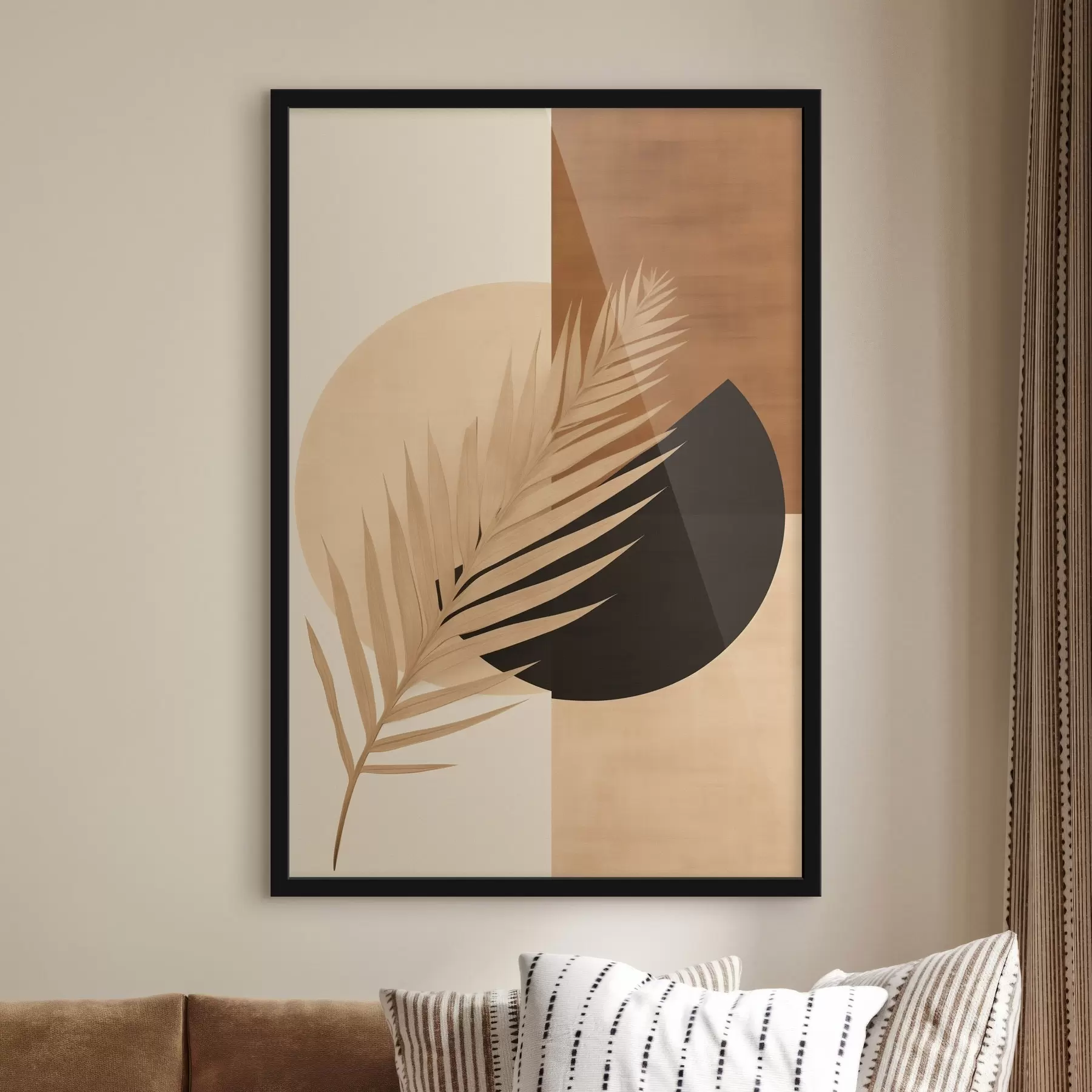 Fototapeta Liść palmy na tle terakoty i kremowej geometrii f46490