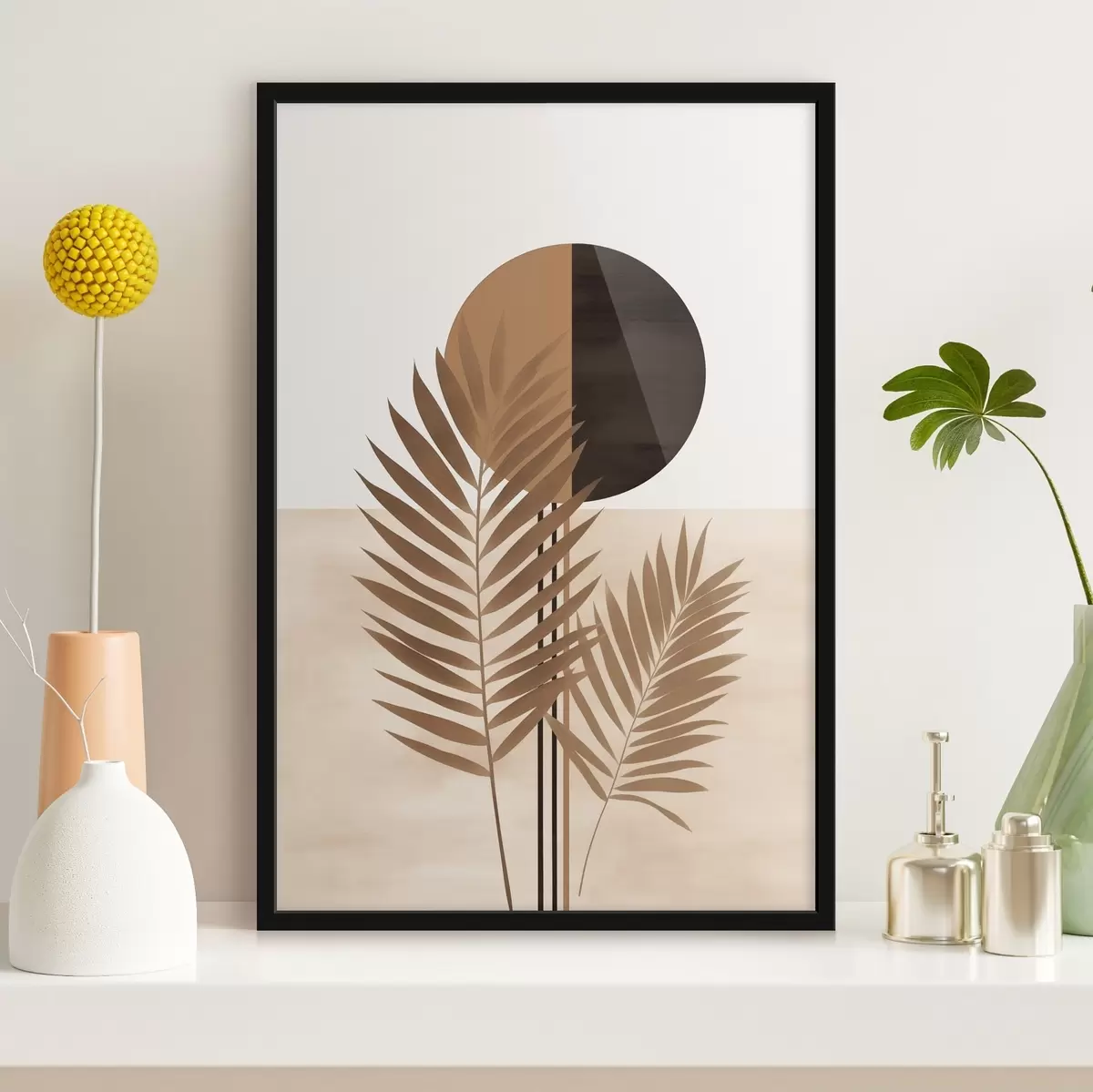 Plakat Dwa liście palmy z motywem rozciętego koła słońca f46491