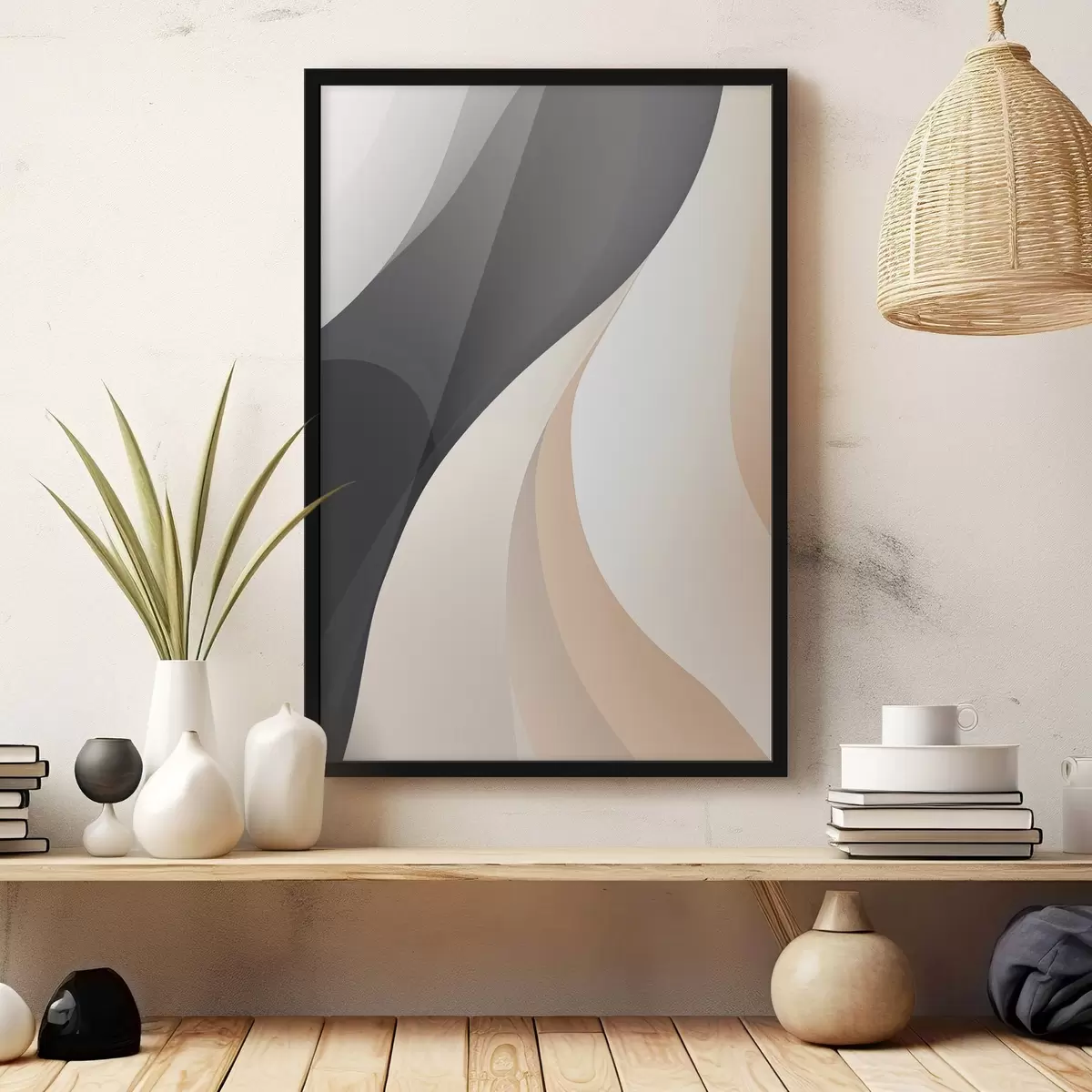 Plakat Eleganckie, nakładające się na siebie krzywizny w kolorach grafitowym, kości słoniowej i piaskowym f46493
