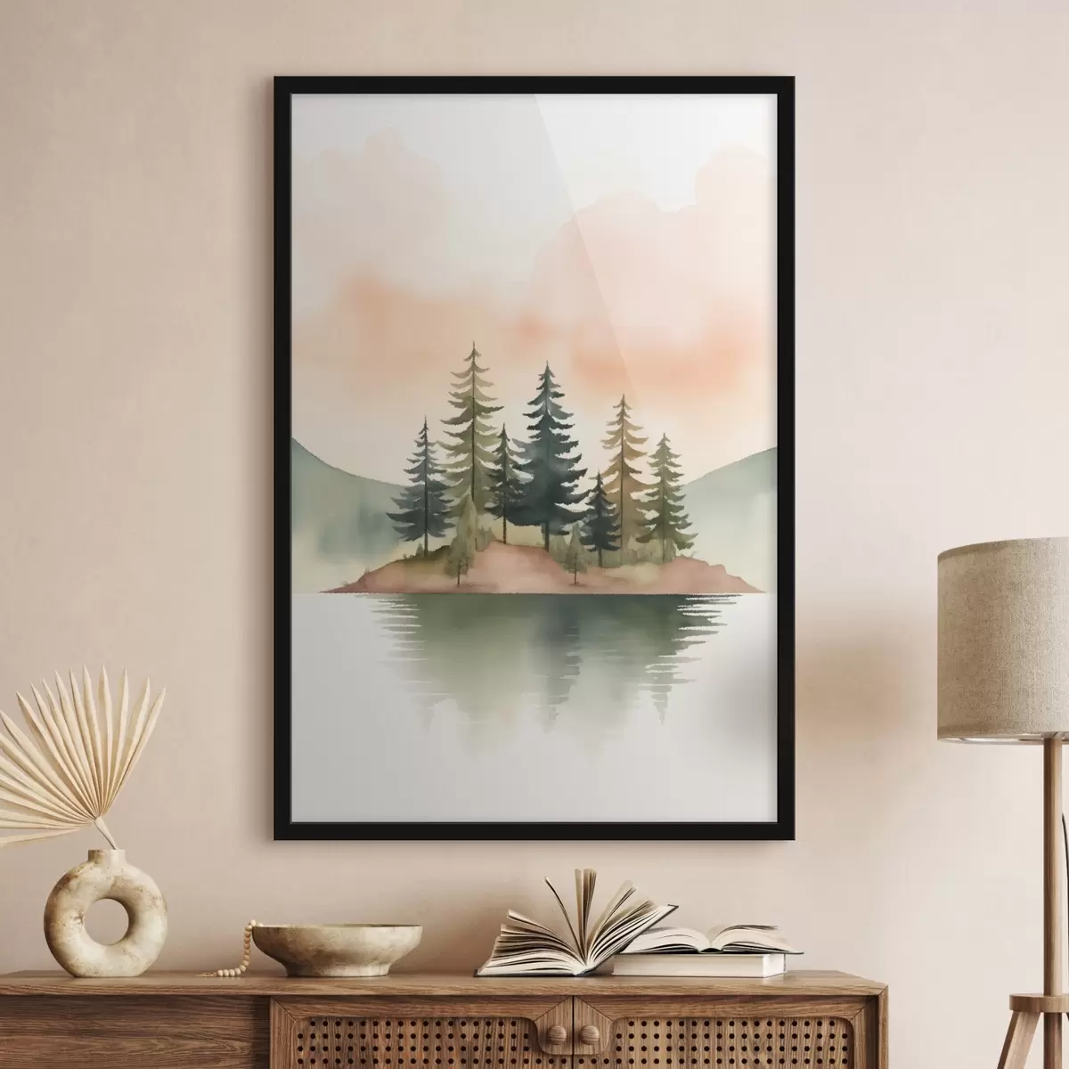 Plakat Akwarelowe sosny na zamglonej wysepce, delikatne brzoskwiniowe niebo f46505