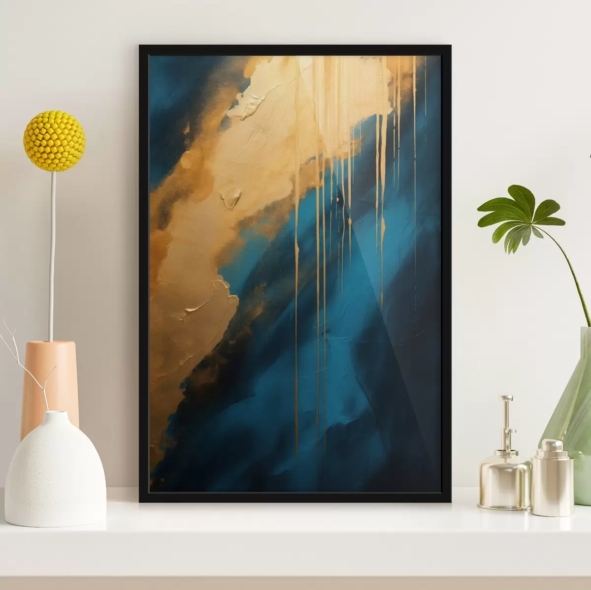 Plakat Turkusowo-granatowy abstrakcyjny wzór z płynnymi, ciepłymi akcentami f46509