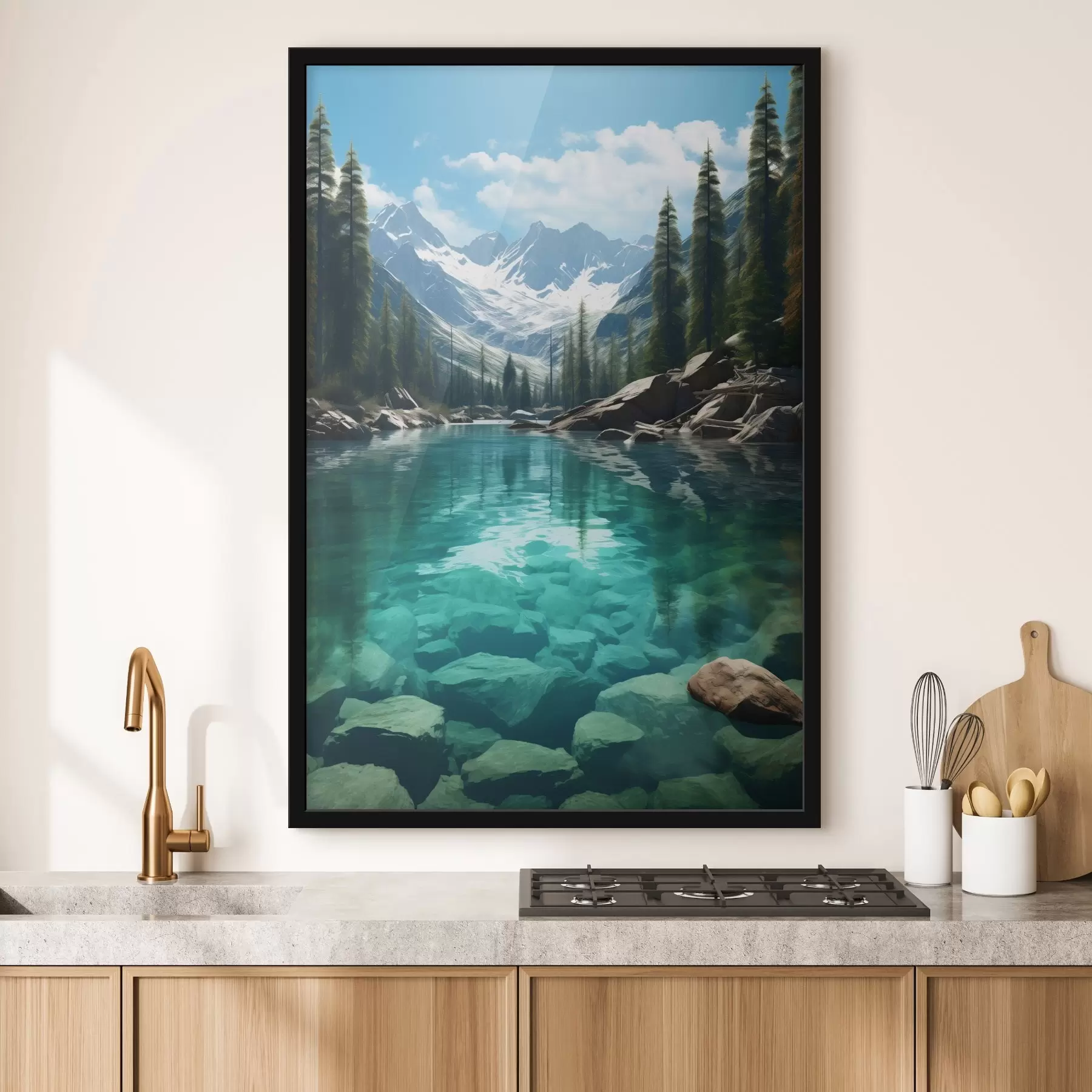 Fototapeta Czysta alpejska rzeka ze skalistym dnem i ośnieżonymi szczytami f46514