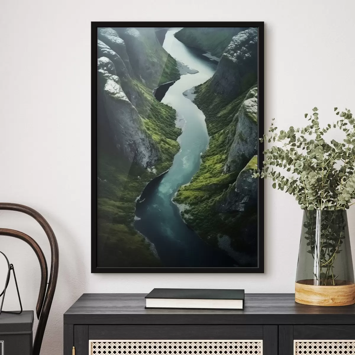 Plakat Meandrująca rzeka między klifami, widok z lotu ptaka f46521