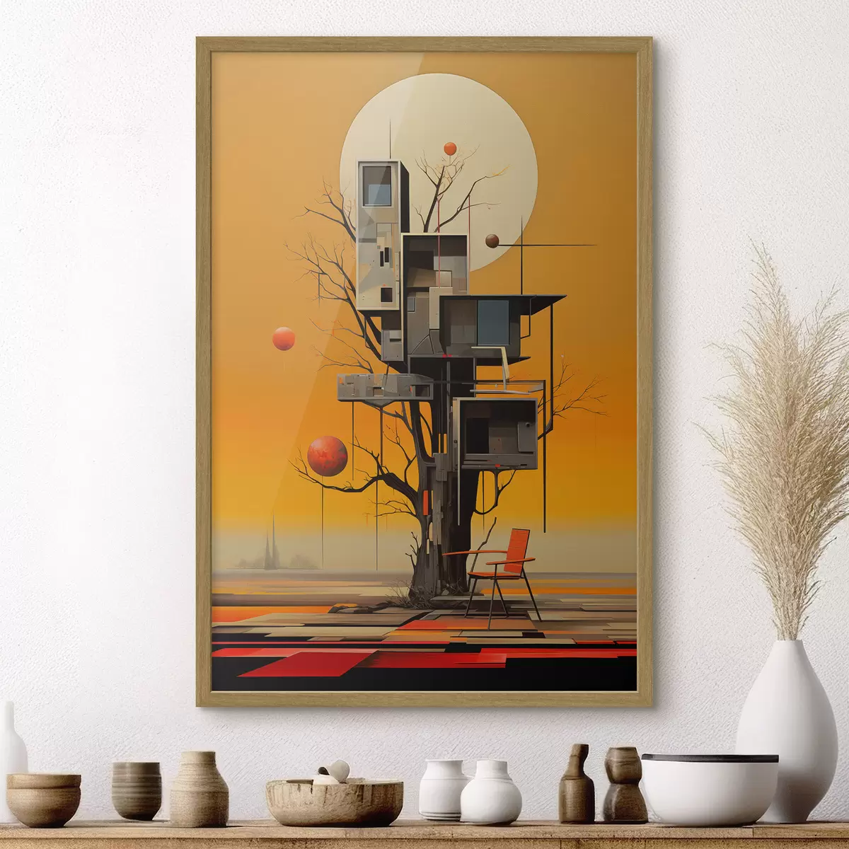 Plakat Surrealistyczny domek na drzewie na pomarańczowym tle f46526