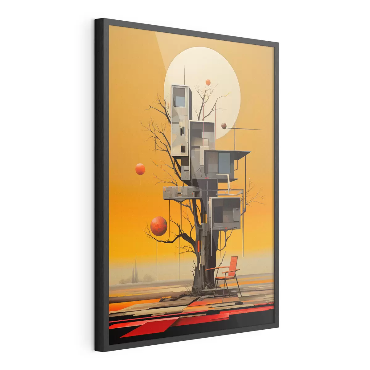 Plakat Surrealistyczny domek na drzewie na pomarańczowym tle f46526