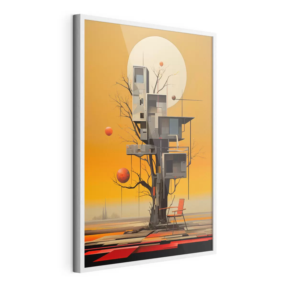 Plakat Surrealistyczny domek na drzewie na pomarańczowym tle f46526