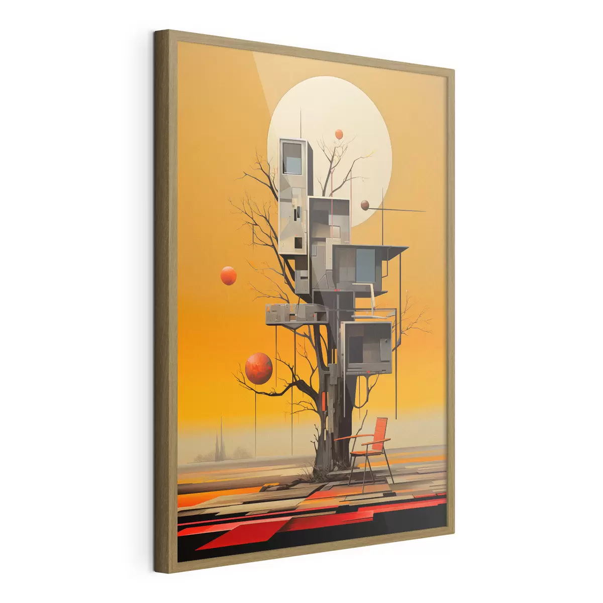 Plakat Surrealistyczny domek na drzewie na pomarańczowym tle f46526