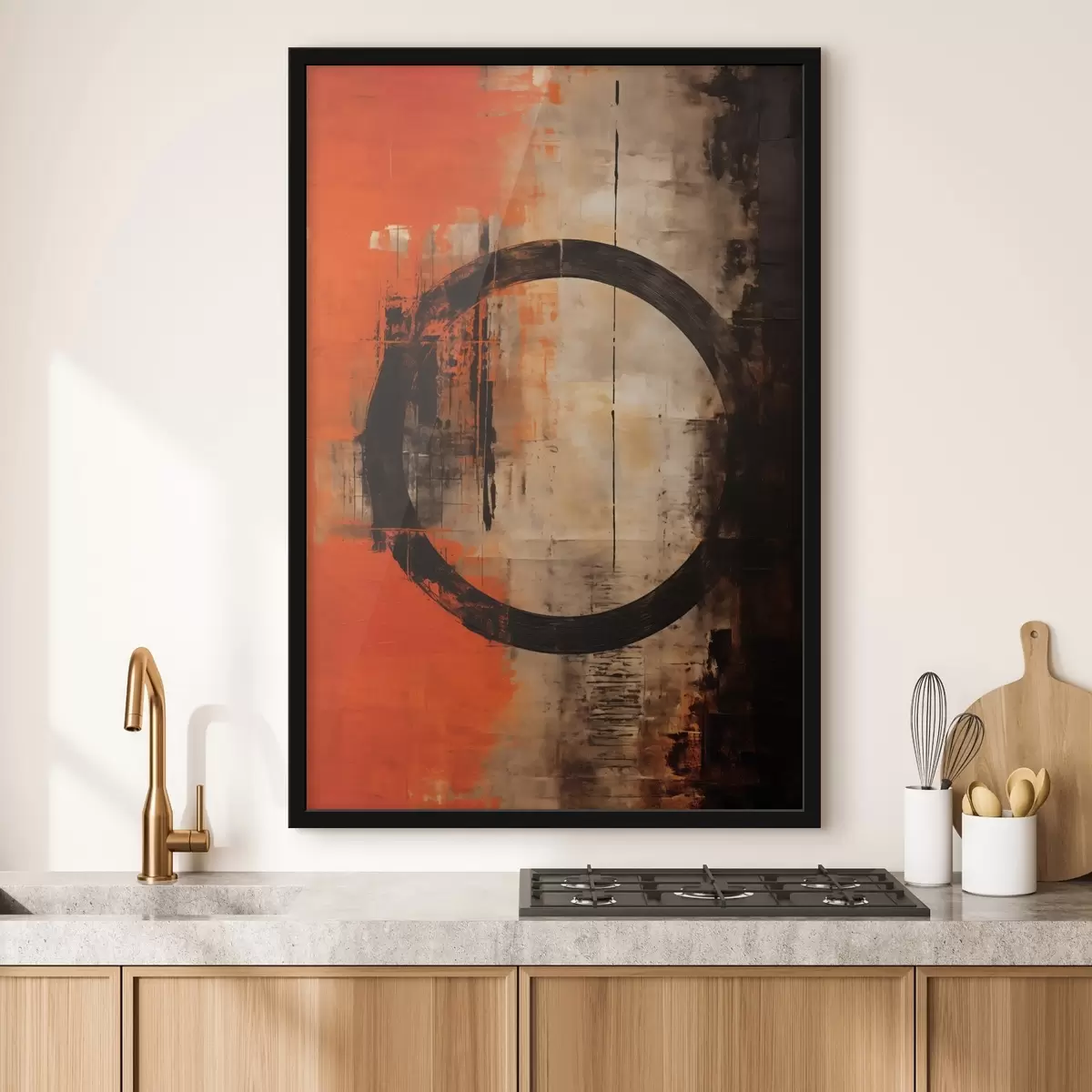 Plakat Abstrakcja z dużym czarnym okręgiem i ciepłymi teksturami f46528